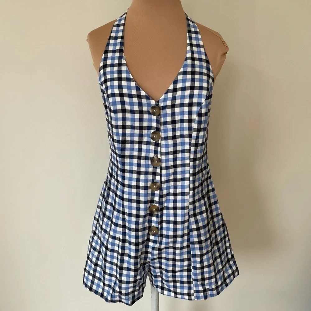 Urban Outfitters Blue Check Cotton Tiffany Button Down Halter Romper NWT Sz S